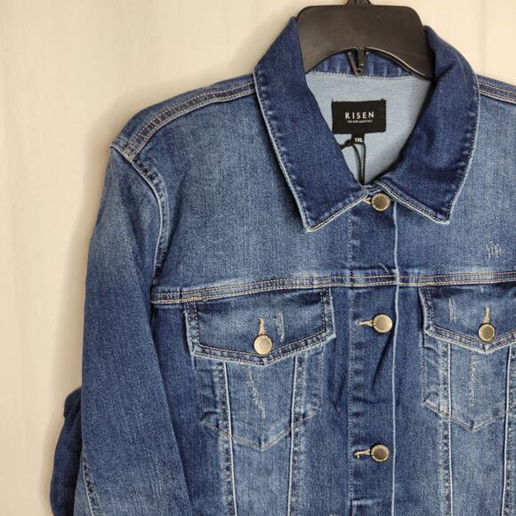 Risen Dark Blue Distressed Button Up Denim Trucker Jacket NEW Size 1X - Picture 2 of 4